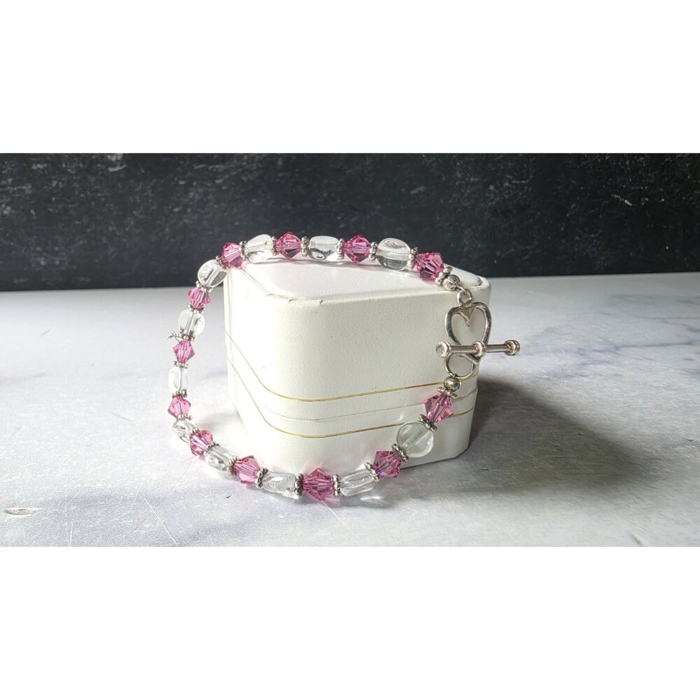 925 Sterling Silver Pink & Clear Crystal Beaded Bracelet Toggle Clasp Vintage